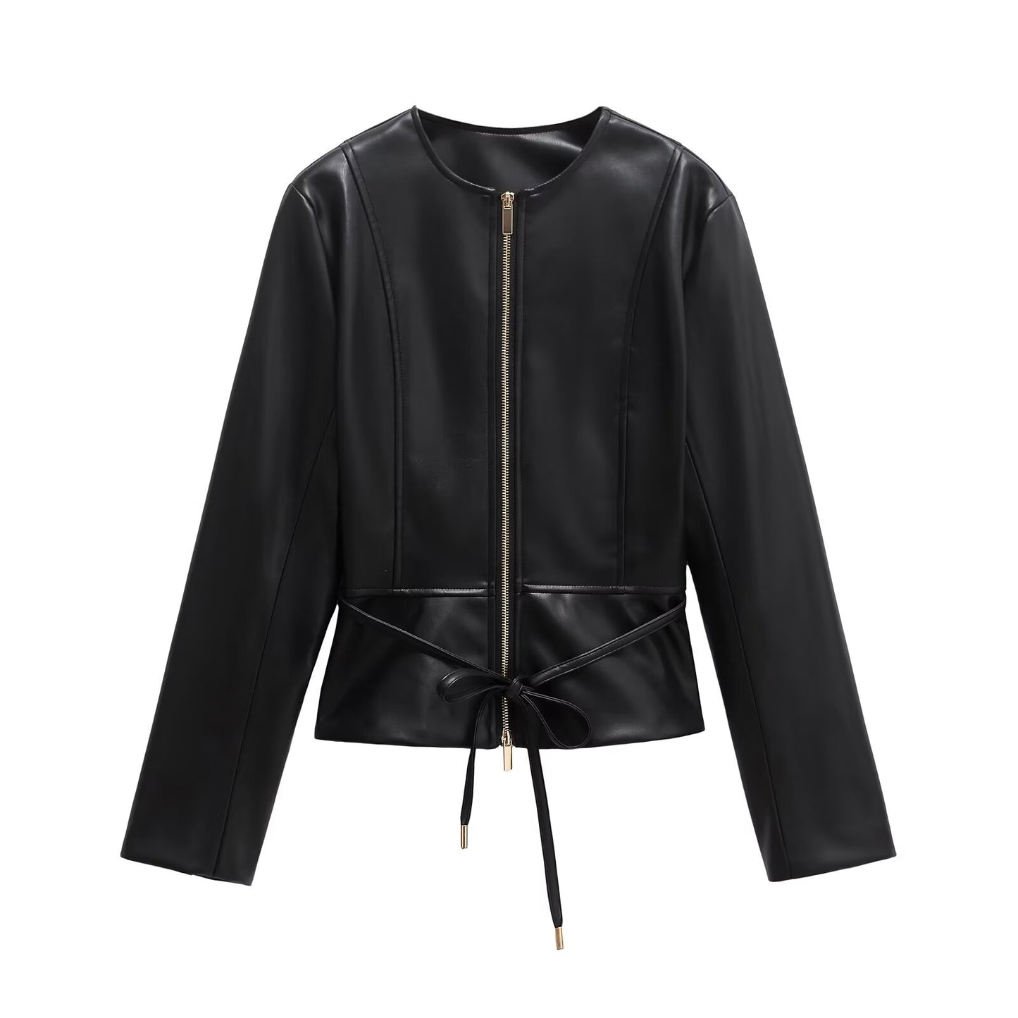 Women's with Belt O Neck zipper Faux Leather jacket Coat