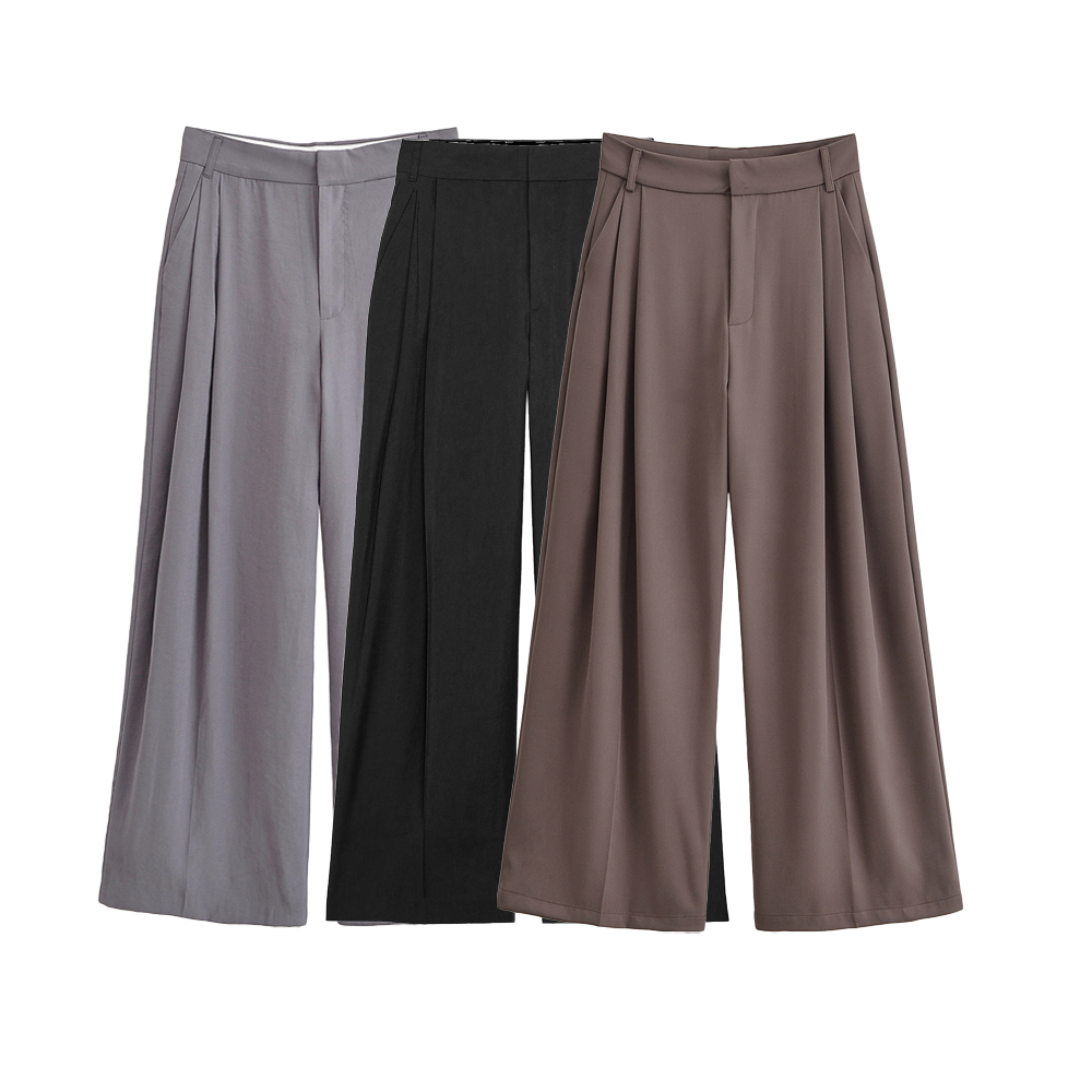 Women's new fashion loose double pleated high waisted wide leg pants