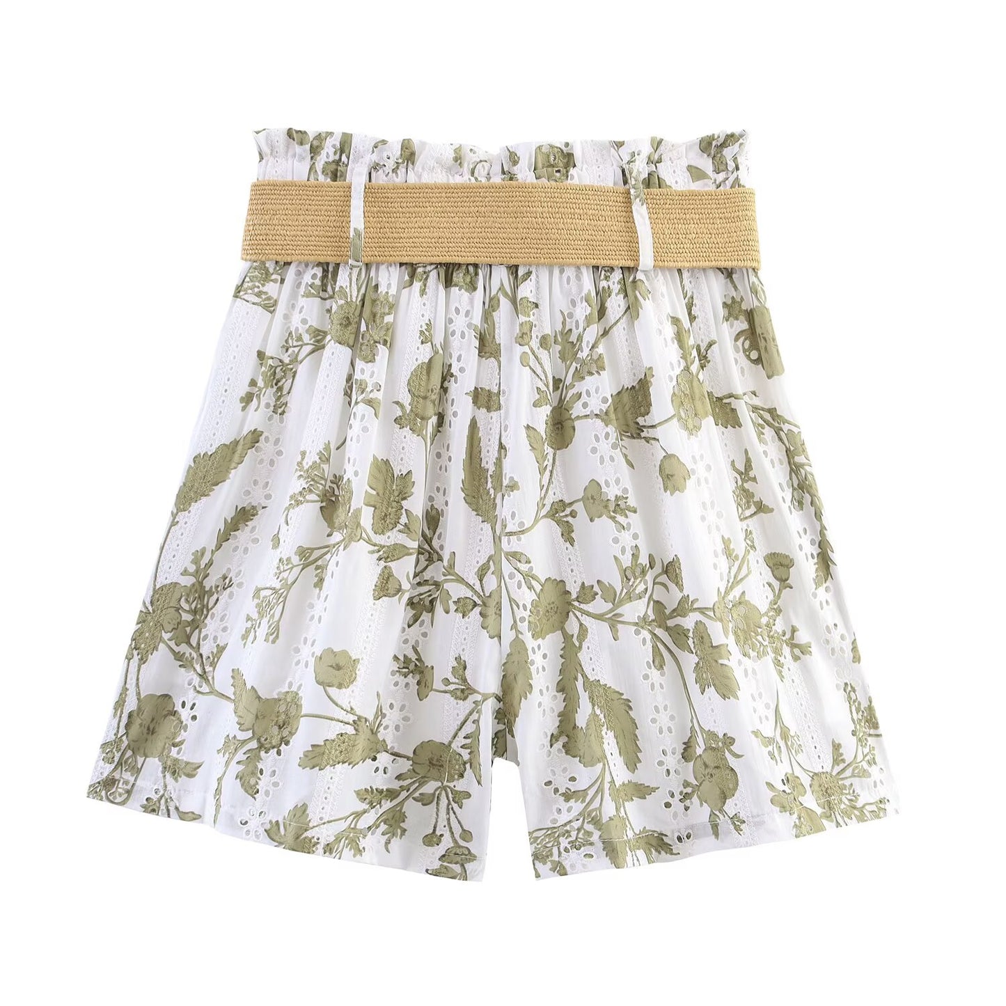 Women's new fashion short sleeved hollow embroidery printed top+shorts suit