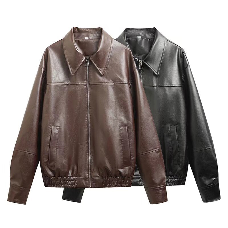 Women's new fashion casual lapel faux leather flight jacket Coat