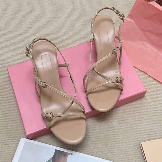 Women's New Temperament Joker Round Toe Cross Strap Design Lace-up Stiletto Sandals.