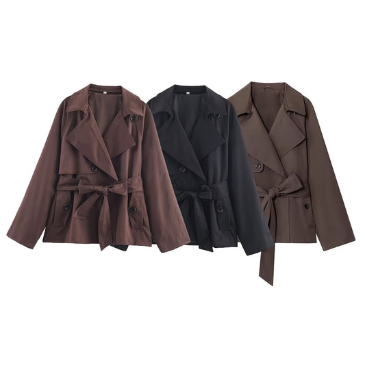 Women's New Fashion With Belt Short Double breasted Windbreaker Coat