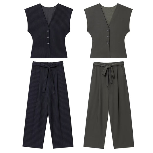 Women's new fashion slim V-neck Button-up vest+Pants suit