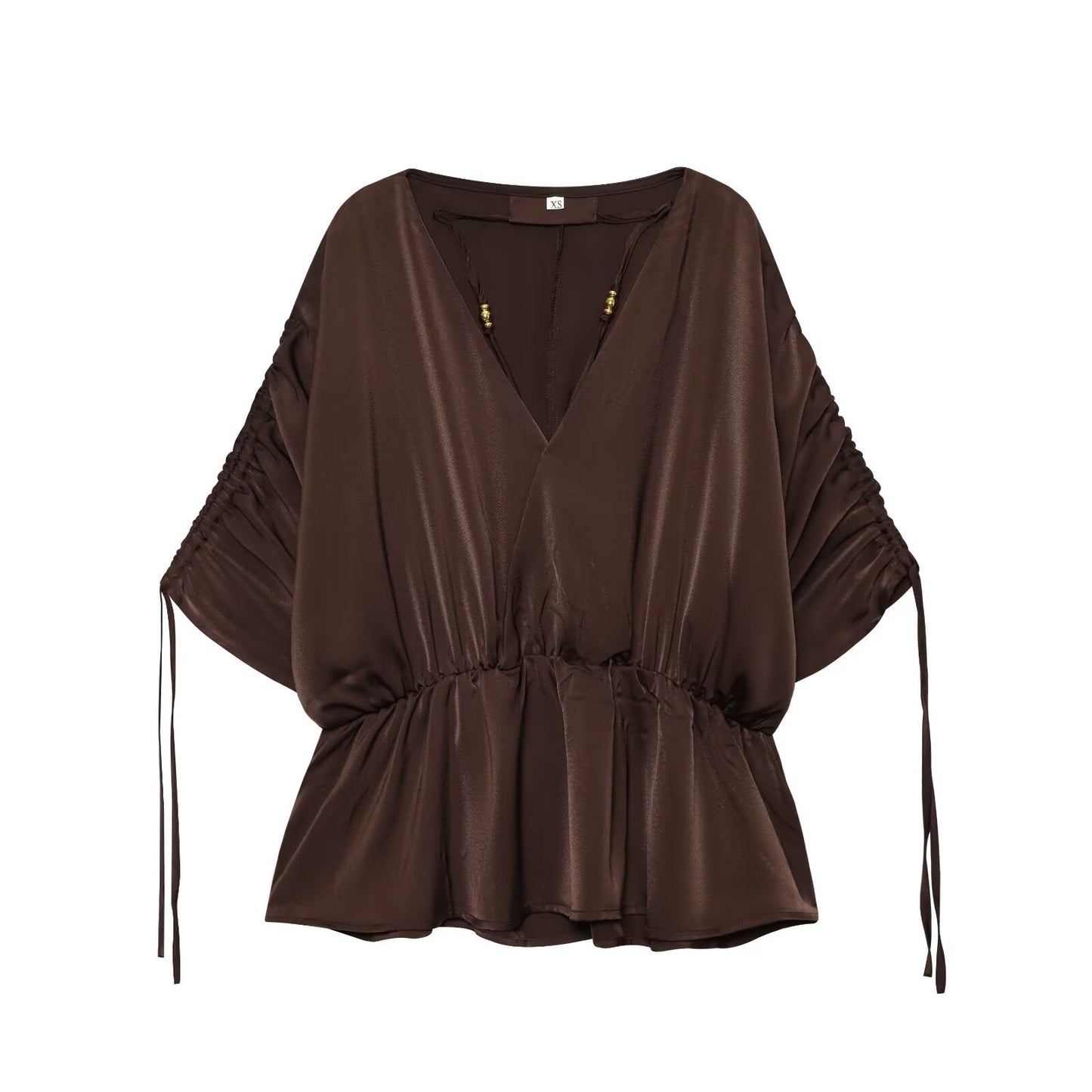 Women's new fashion pleated decoration V-neck satin textured shirt
