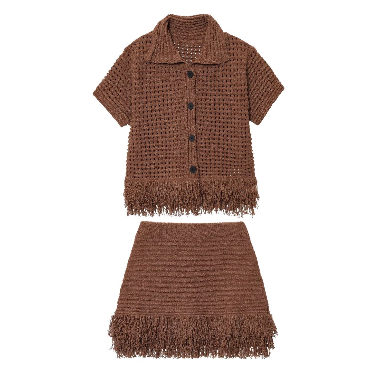 suit Women's 2 pieces tassel decorated Plaid knit Coat+Skirts