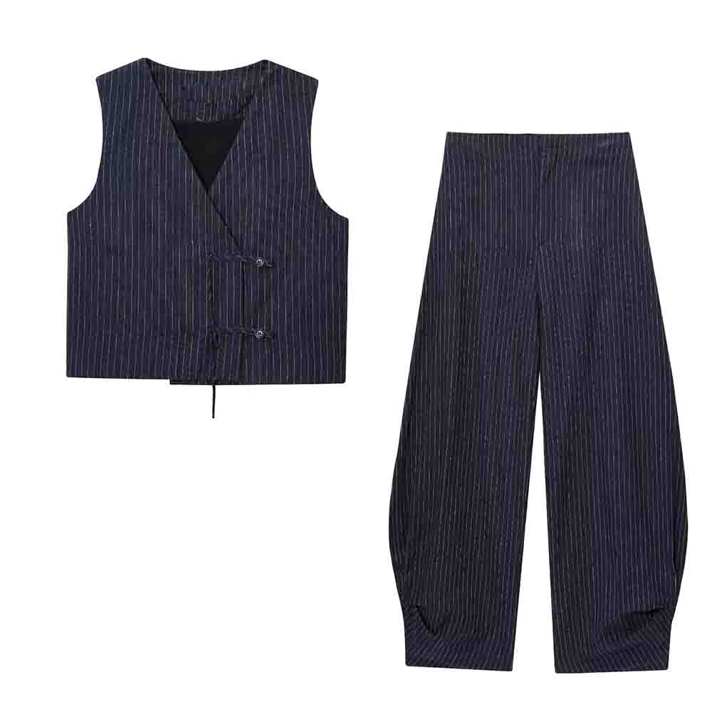 Women's new fashion short striped linen blend V-neck vest+Pants suit