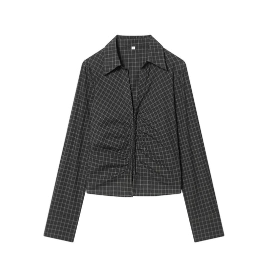 Women's pleated decorative slim plaid top