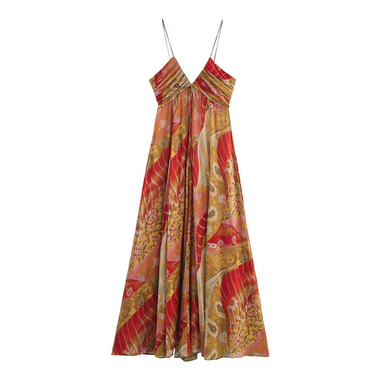 Women's New Fashion Printed Draped Chiffon suspender Midi Dress