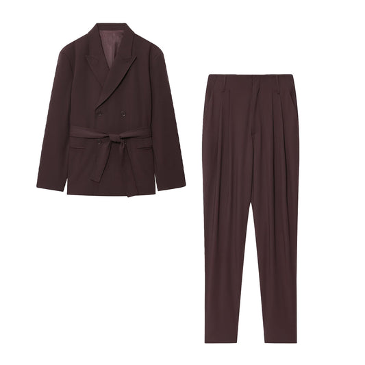 Women's new fashion with Belt Lapel double breasted suit jacket+Pants suit