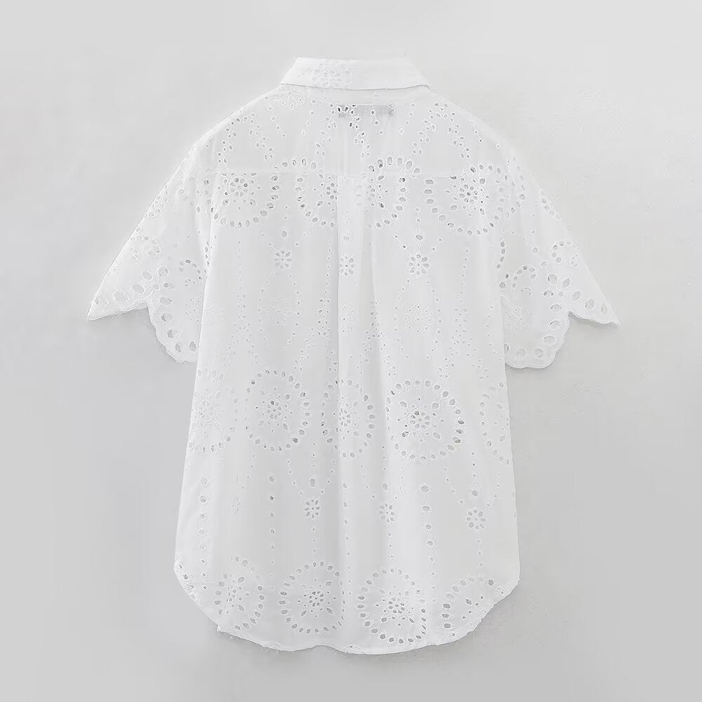 suit Women's 2 pieces fashion hollow embroidery short sleeved shirt+Shorts suit