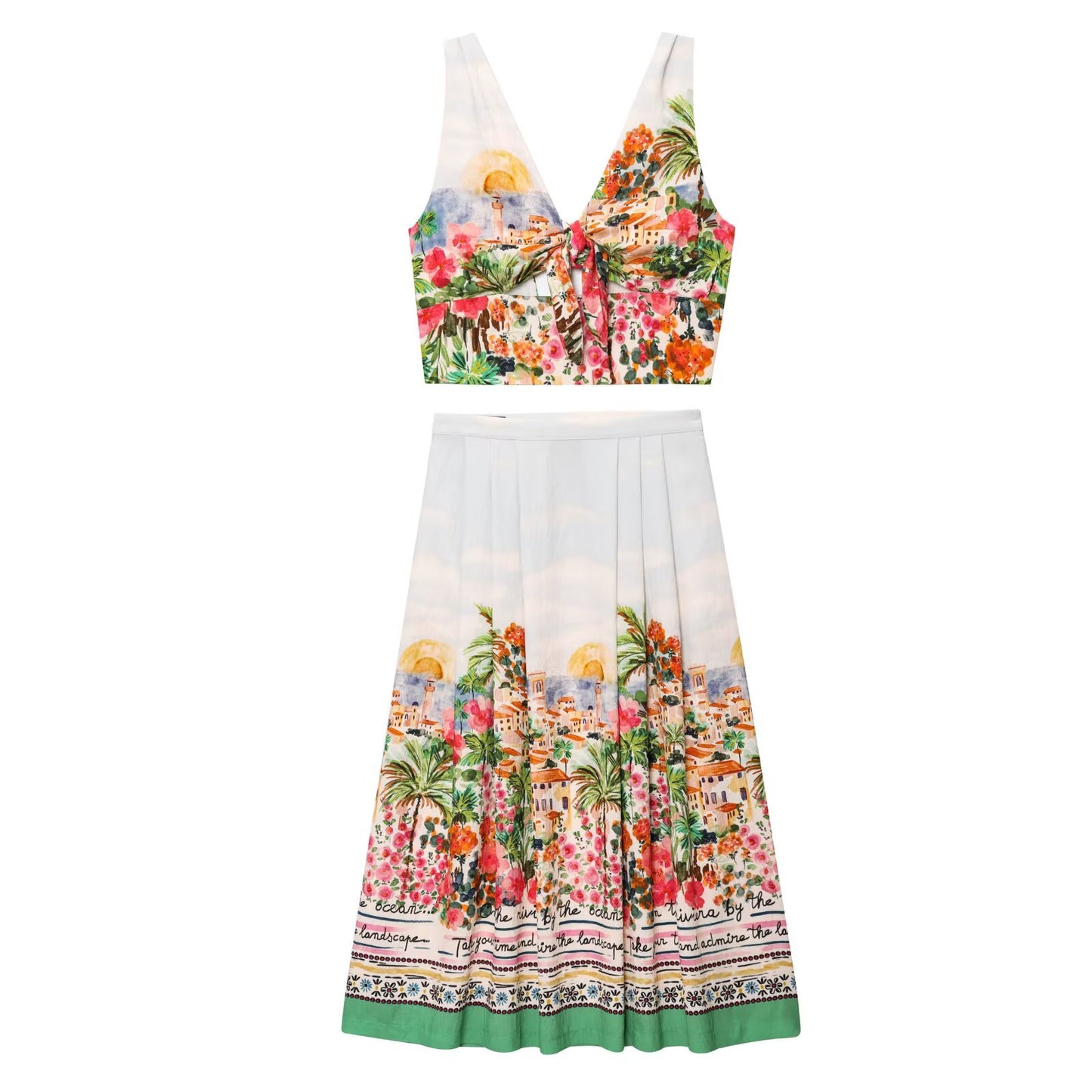 Women's new fashion knot decoration short print V-neck top+Skirts suit