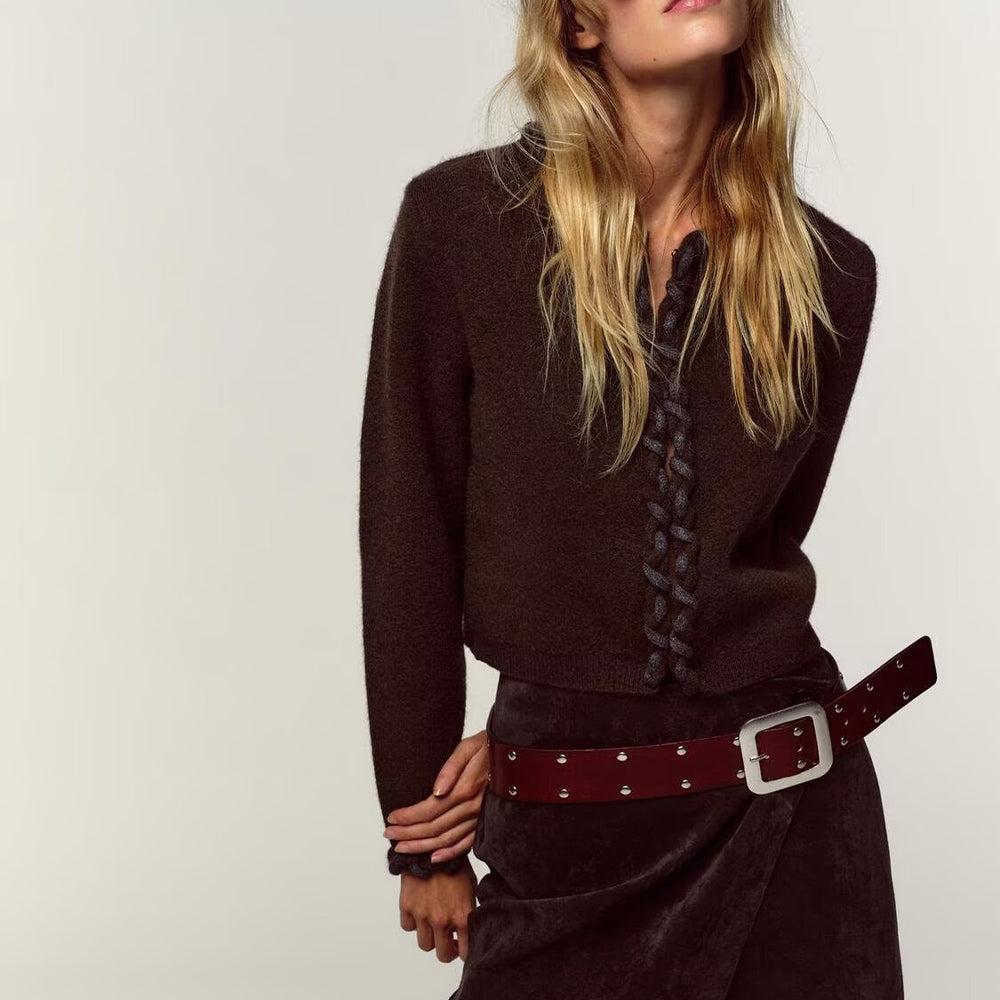 Women's new fashion interwoven decorative layer O Neck knitted Coat