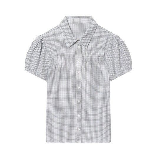 Women's short sleeved plaid elastic poplin shirt