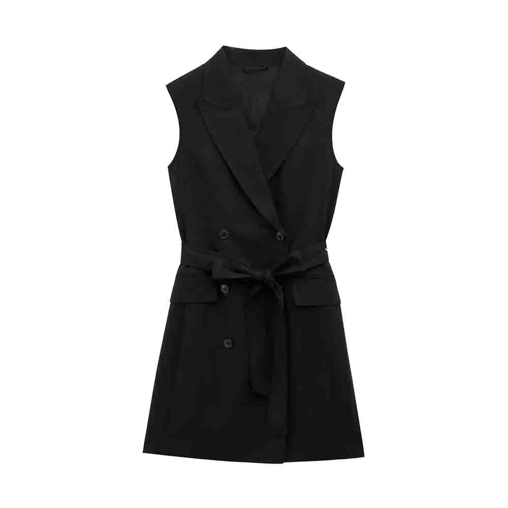 Women's 2025 new fashion With Belt linen blend double breasted suit style mini dress retro sleeveless women's dress