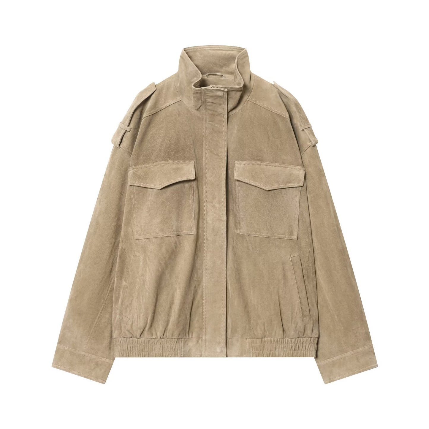 Women's new fashion loose stand collar suede textured leather jacket