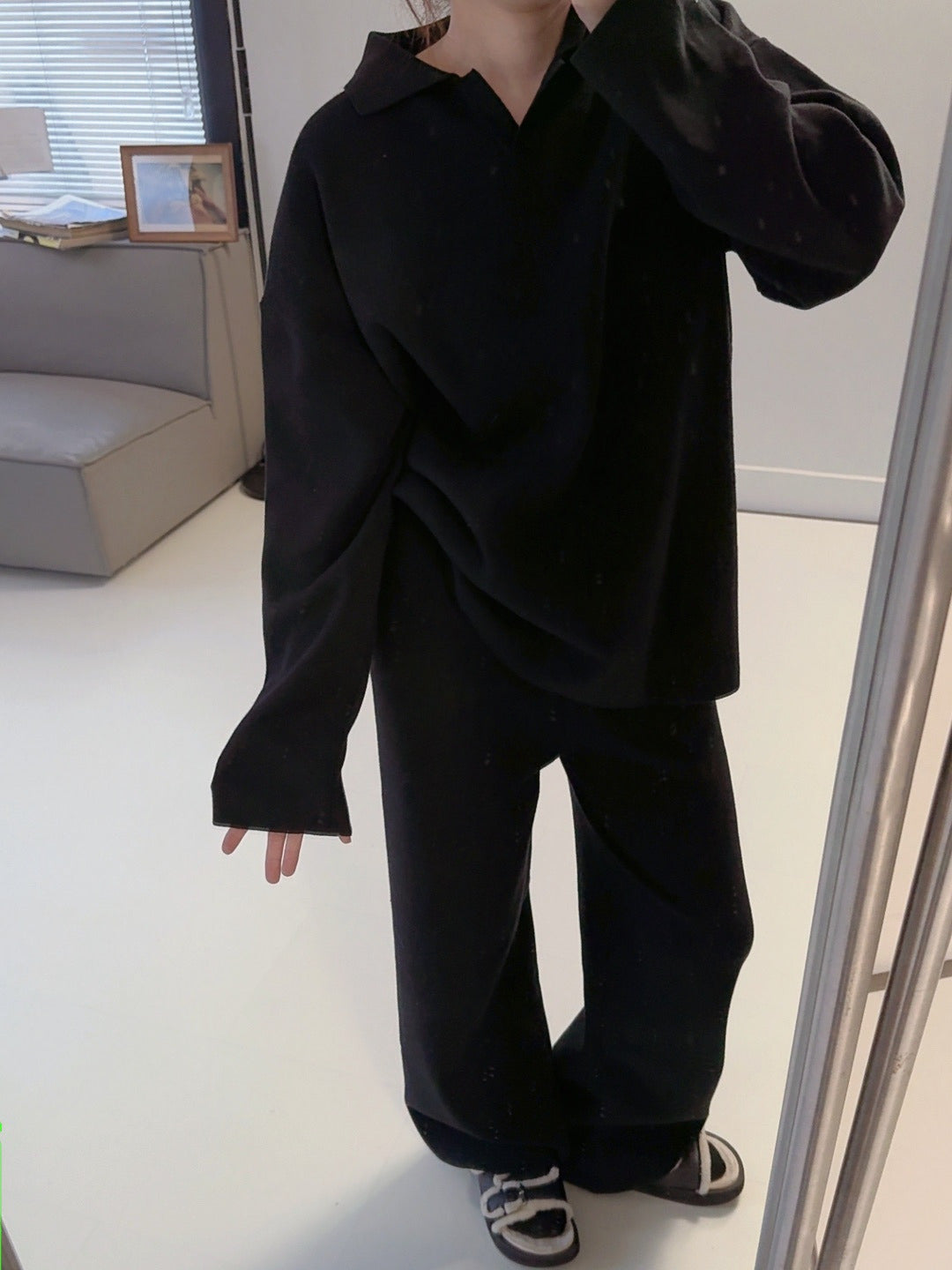 Women's new casual Joker suit Polo neck knitted pullover wide-leg trousers two-piece knitted suit