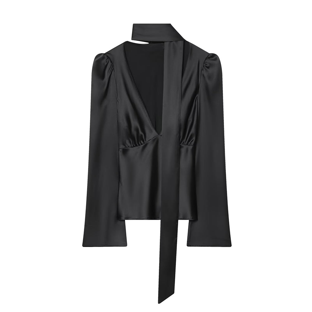 Women's scarf decoration V-neck satin textured shirt