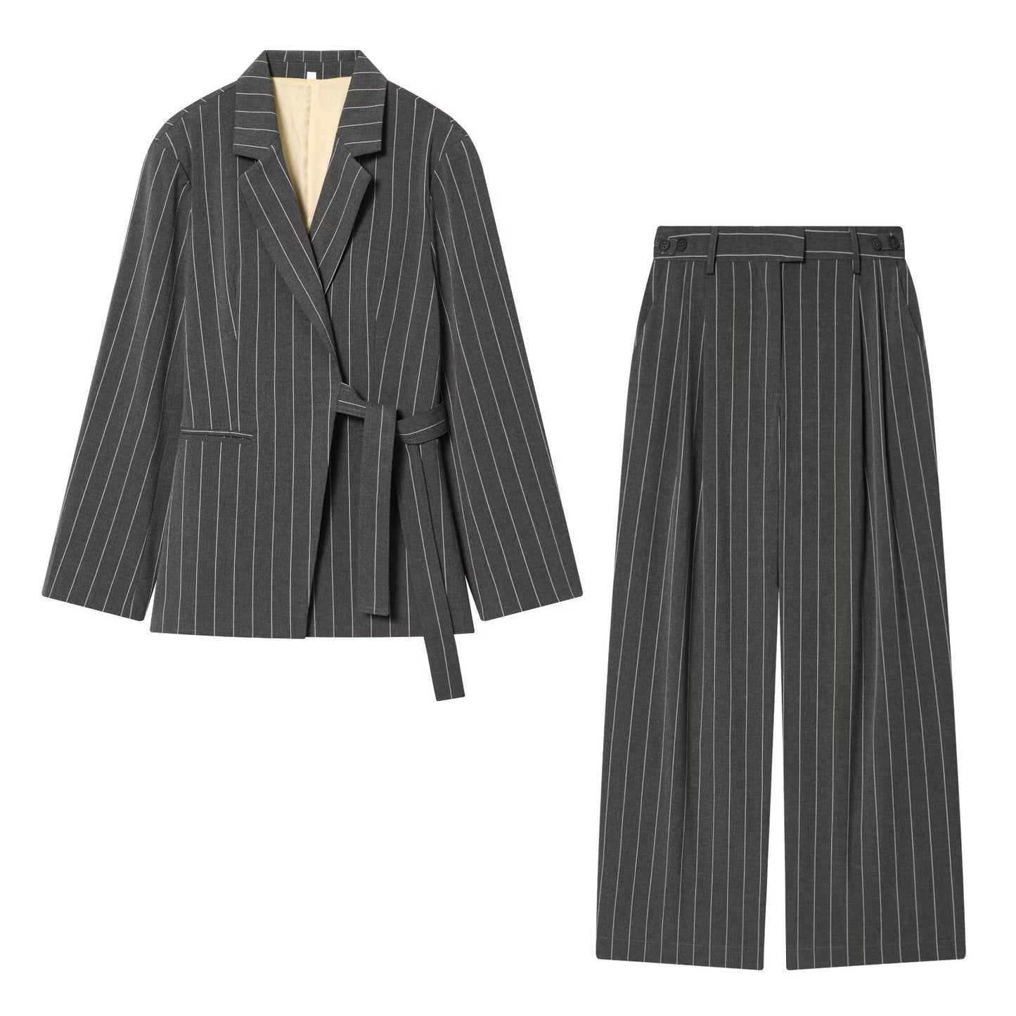 suit Women's 2 pieces wrap style lace up striped Blazer Coat +Pants