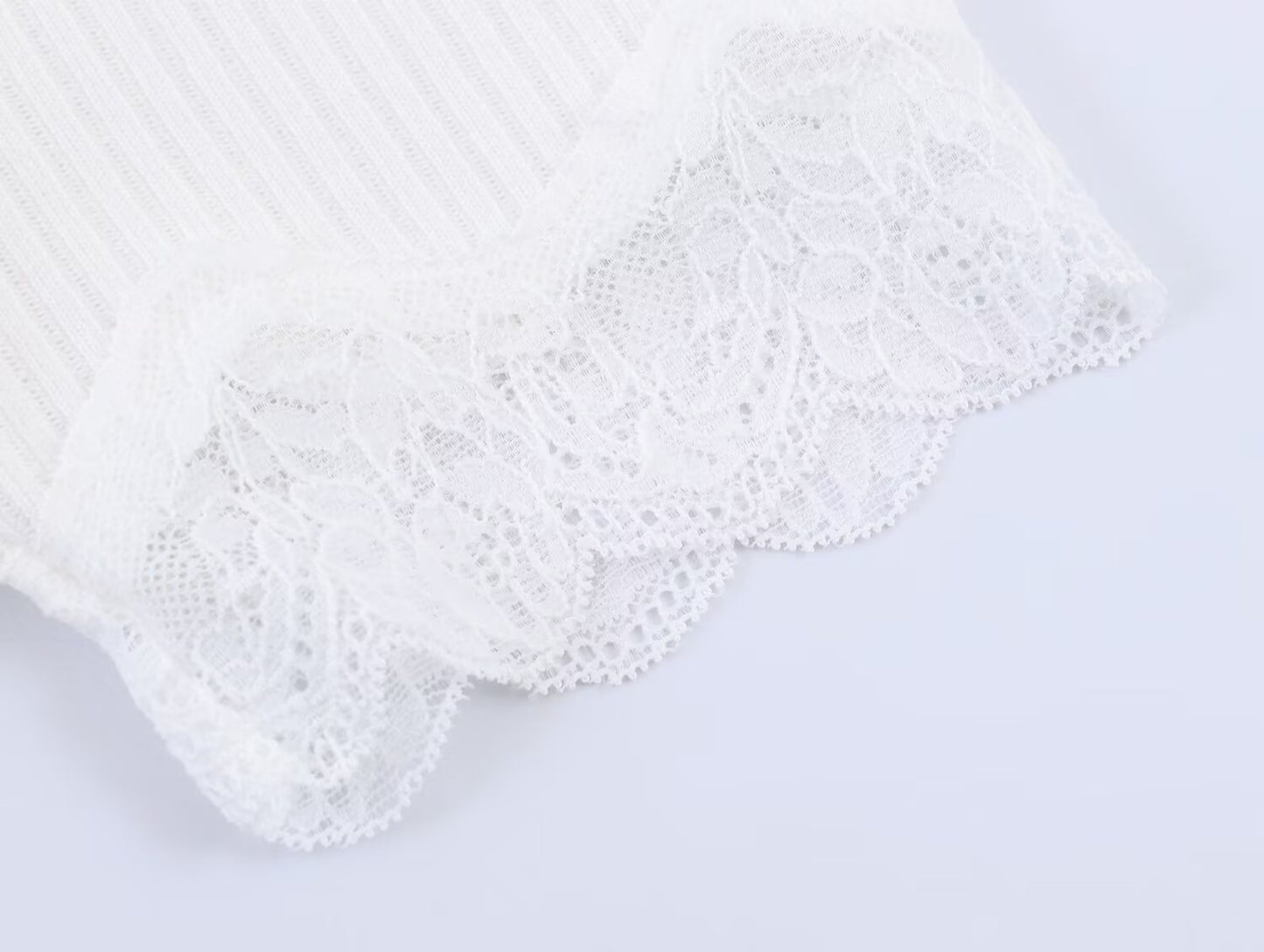 Women's slim V-neck lace ribbed T-shirt