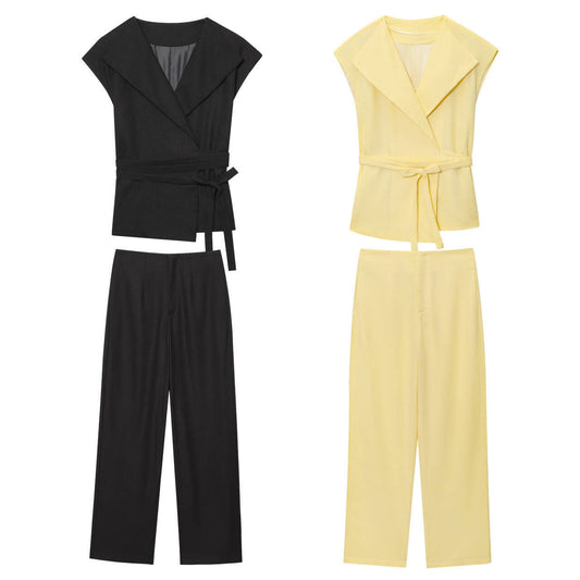 Women's new fashion with Belt linen blend sleeveless vest+Pants suit