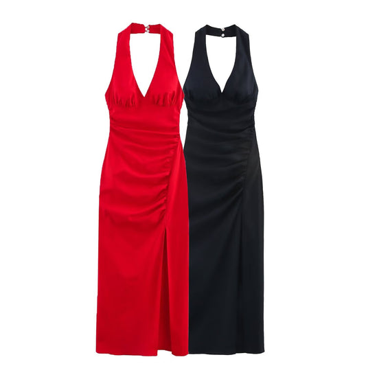 Women's new chic fashion pleated decoration tight hanging neck Split MIDI dress retro sleeveless backless women's dress