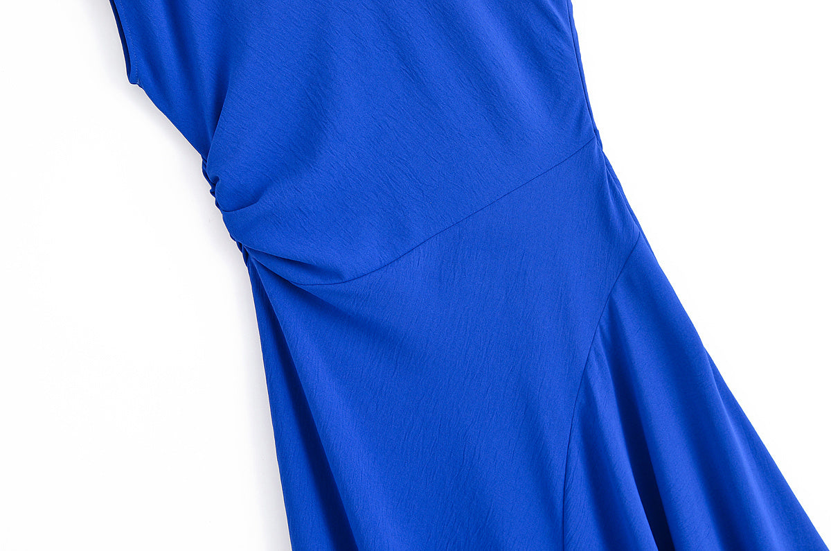 Women's new fashion Asymmetric Metal Buckle Design Slant Shoulder Midi Dress