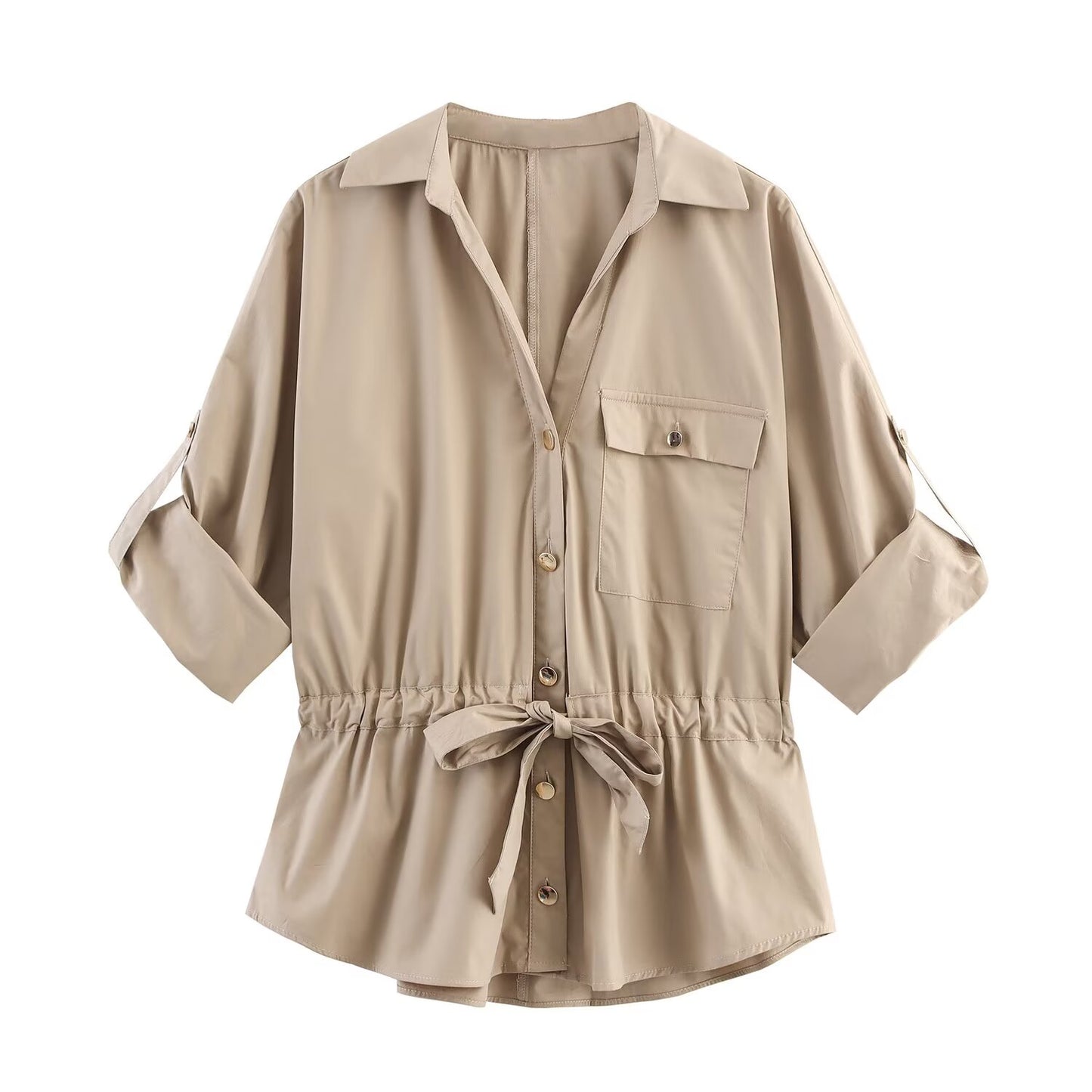 Women's New Fashion With Belt Casual Single breasted Poplin Shirt