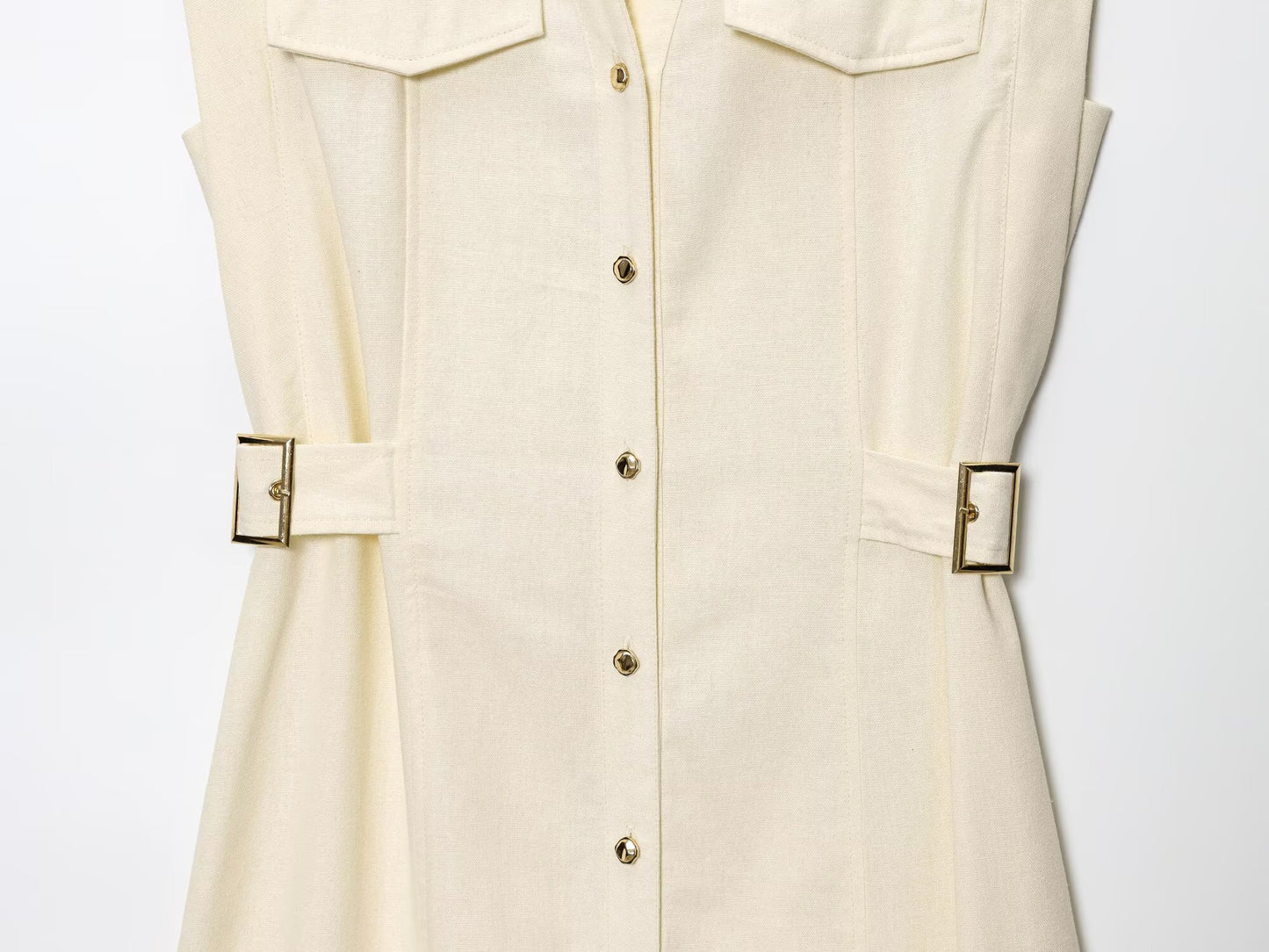 Women's New Fashion Sleeveless Single breasted Linen Blended Midi Dress