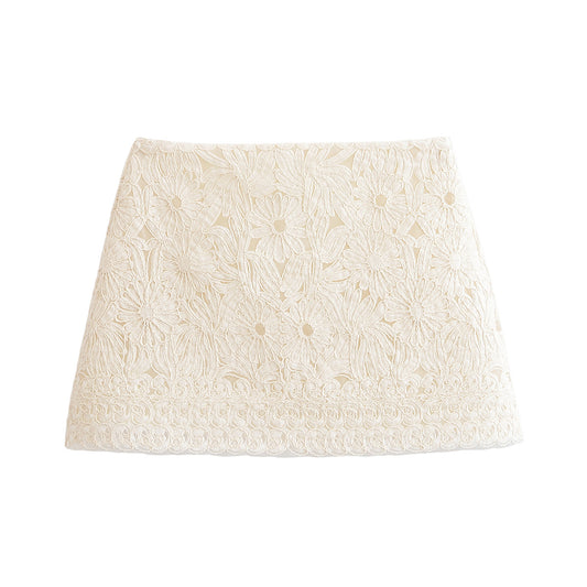 Women's new fashion floral decoration high waisted lace mini skirt