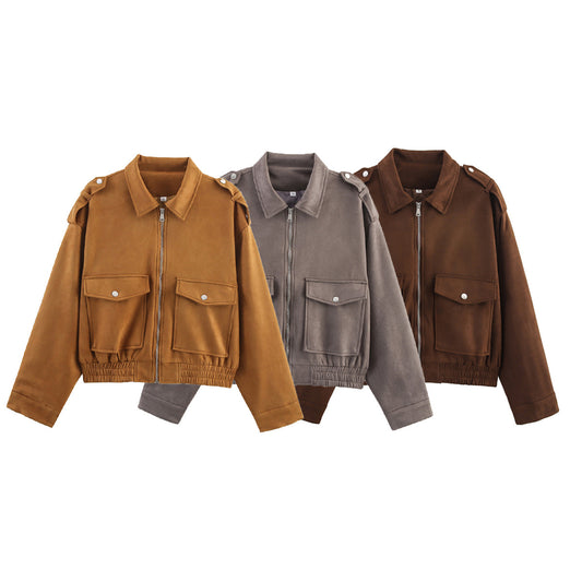 Women's new fashion suede texture loose zipper jacket Coat