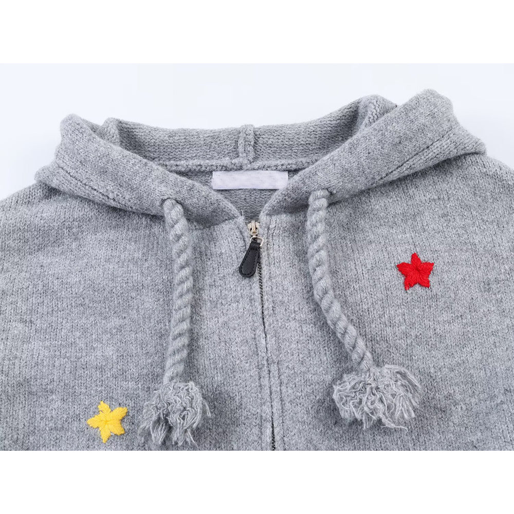 Women's hooded drawstring jacquard knitted cardigan