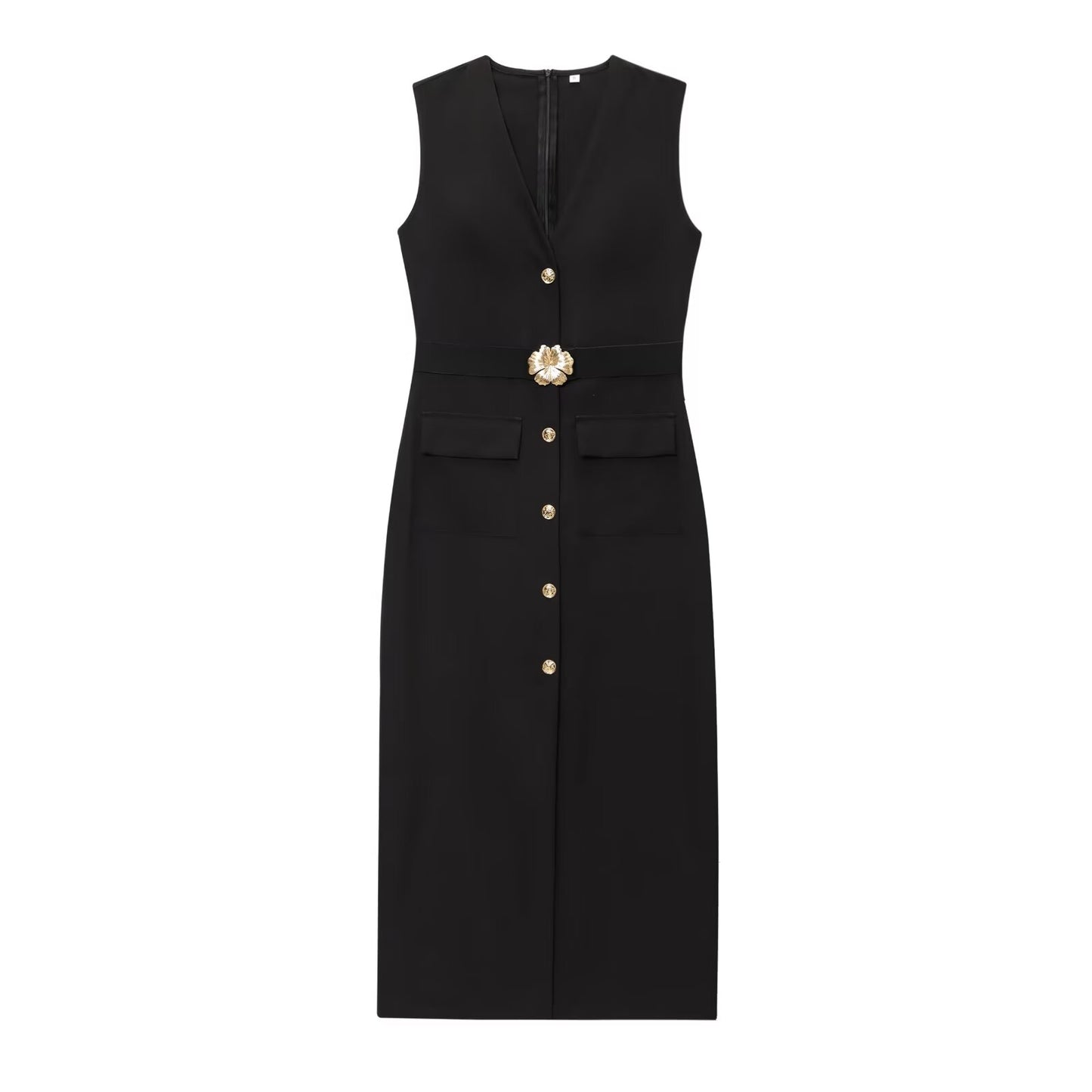 Women's New Fashion With Belt Sleeveless V-neck Midi Dress