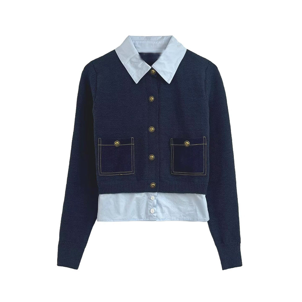 Women's new fashion fake two-piece spliced short knitted cardigan