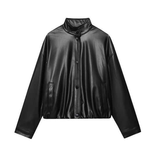 Women's new fashion black high neck faux leather flight jacket Coat