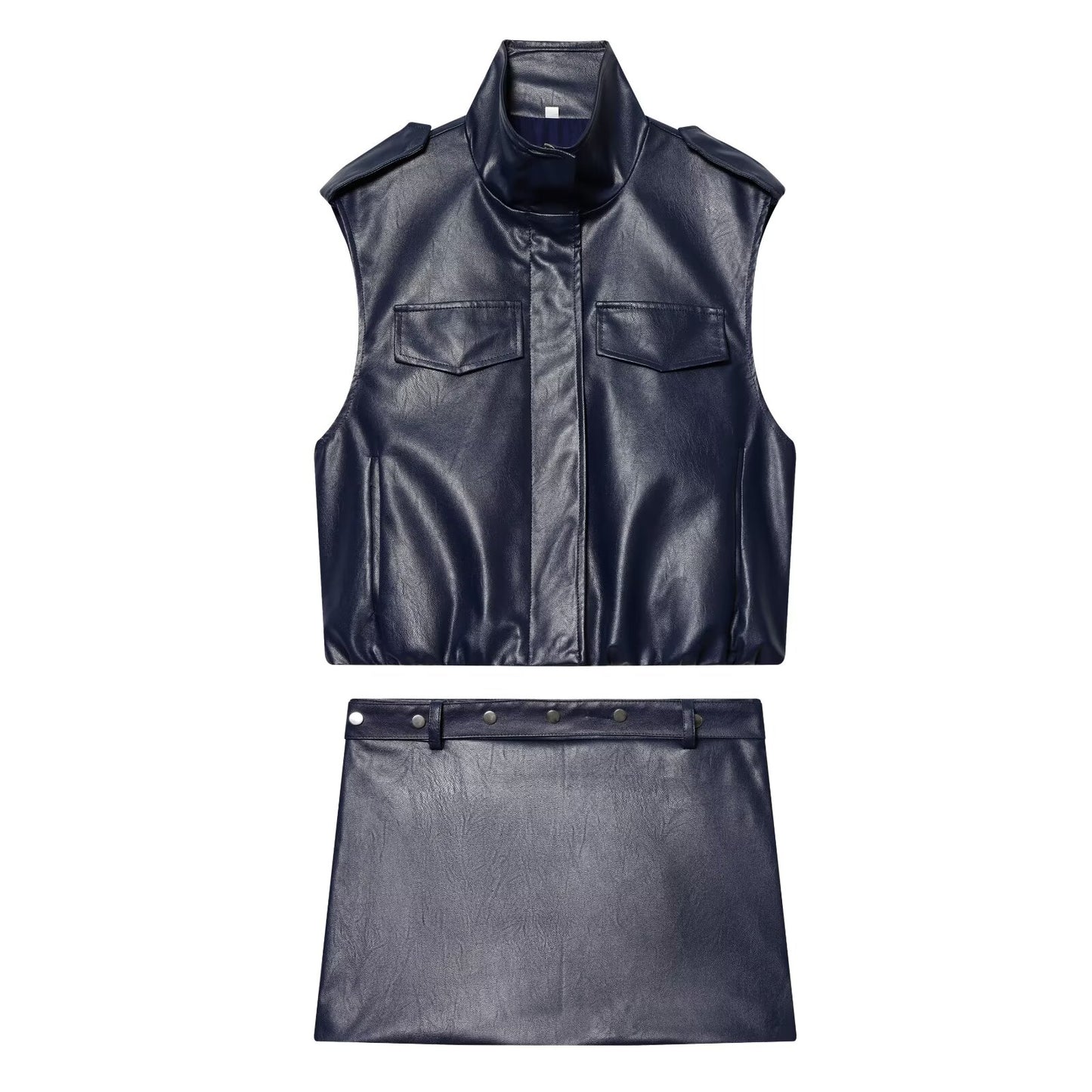 suit Women's 2 pieces leather effect sleeveless stand collar top+Skirts