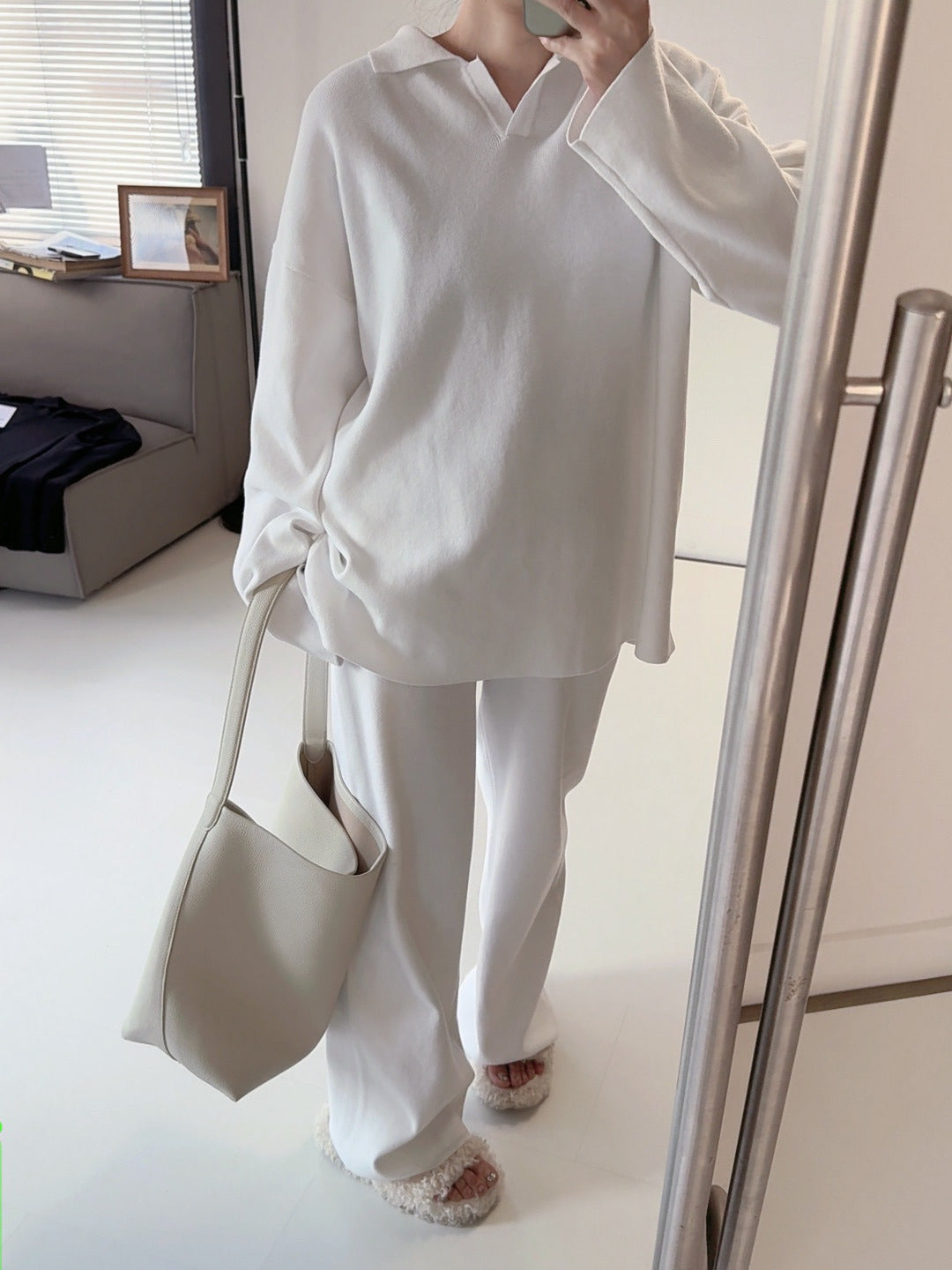 Women's new casual Joker suit Polo neck knitted pullover wide-leg trousers two-piece knitted suit