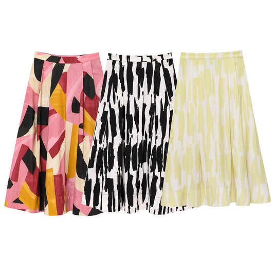 Women's new fashion loose high waisted printed pleated MIDI skirt
