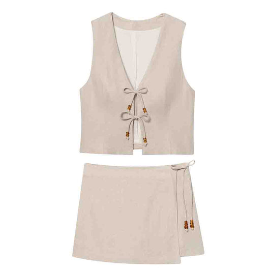 suit Women's 2 pieces New bow decoration linen blended vest+shorts suit