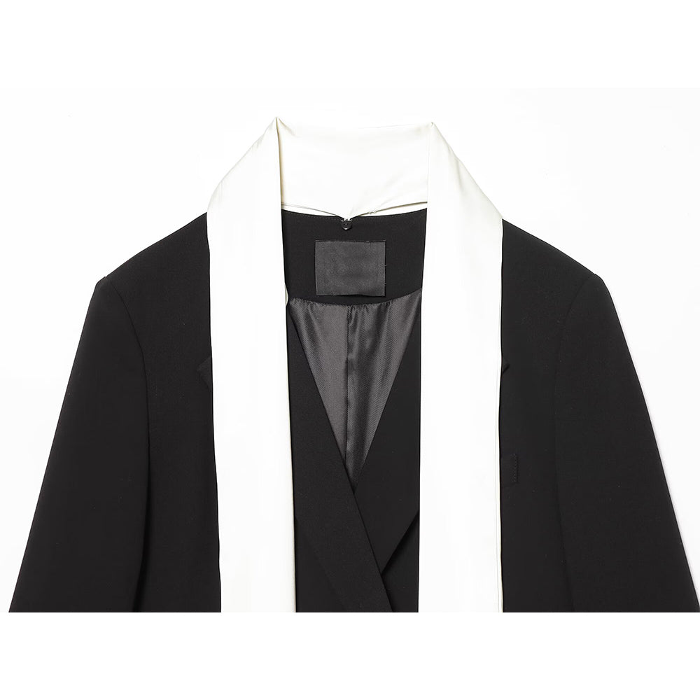 Women's contrasting scarf decoration loose Blazer Coat