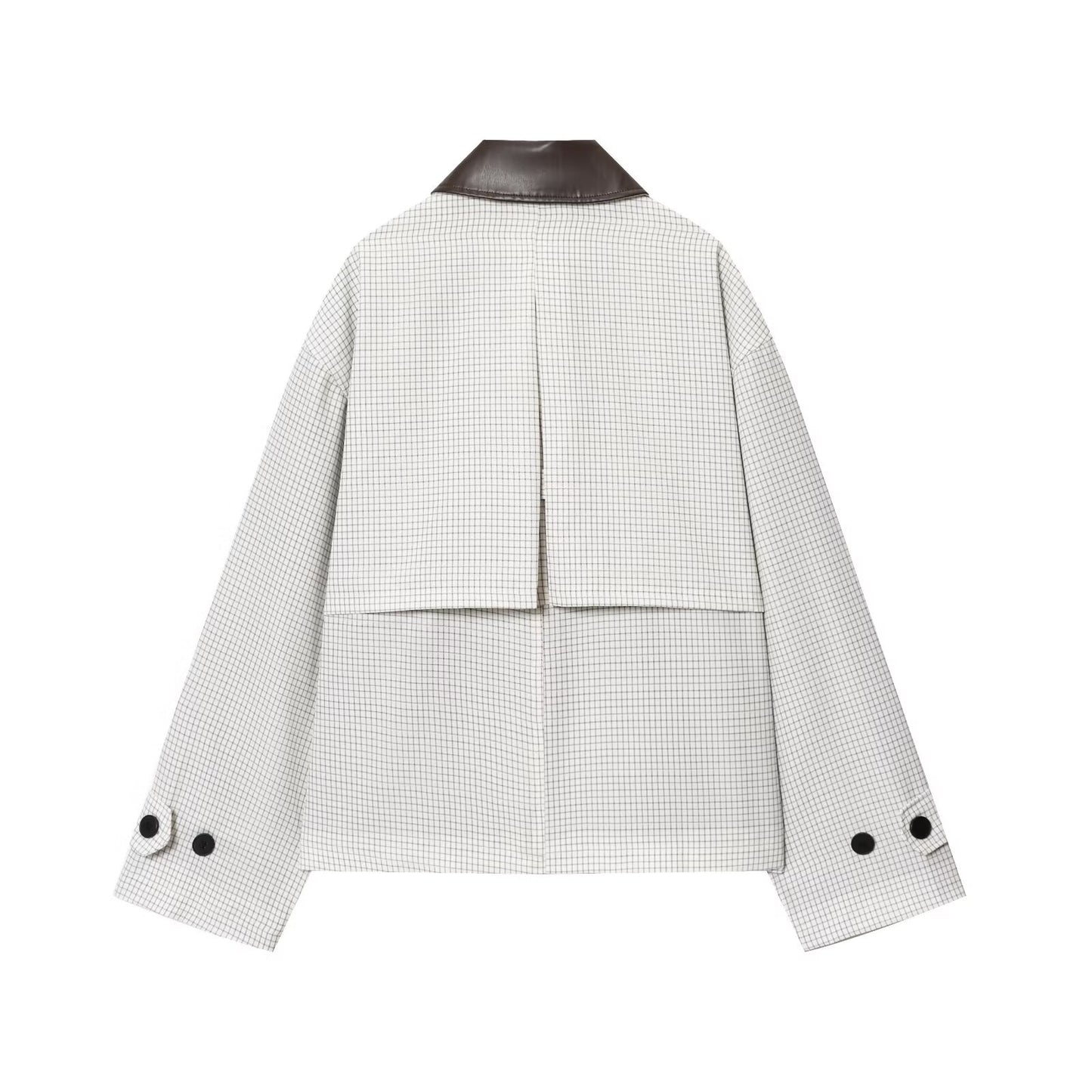 Women's new fashion leather collar design short plaid Windbreaker coat