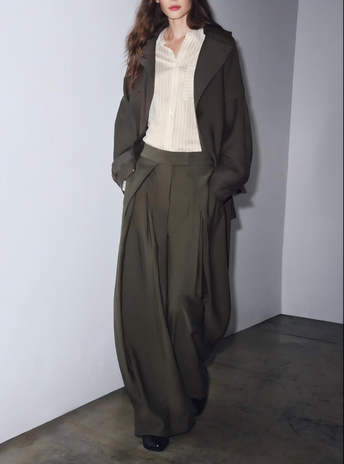 Women's New Fashion With Belt Loose Button-up Lapel Coat+Pants Suit