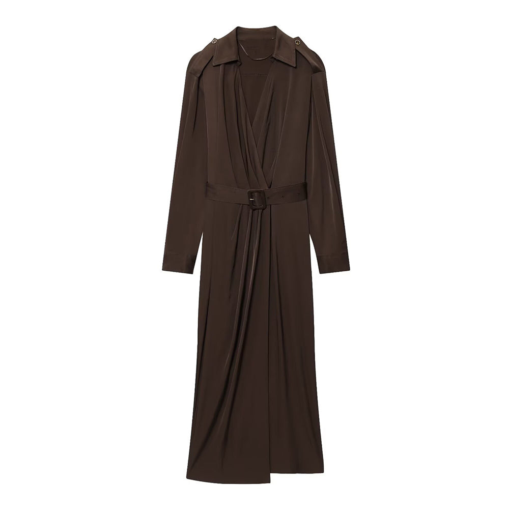 Women's New Fashion With Belt Long Sleeve Pleated Midi Dress