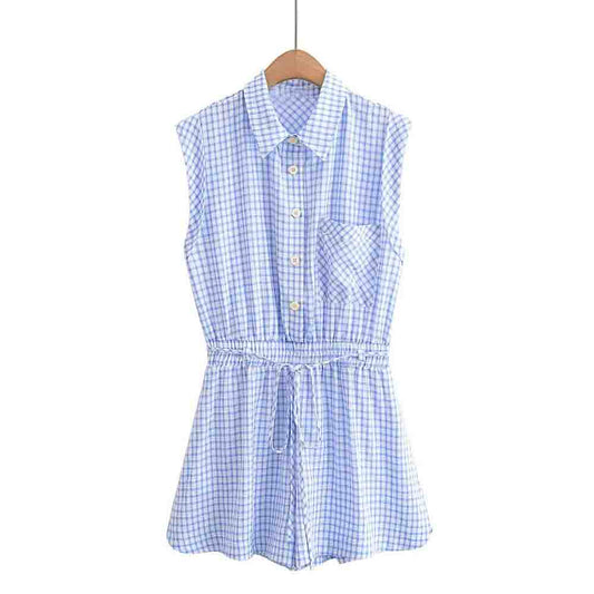 Women's 2025 fashion casual single breasted short plaid jumpsuit