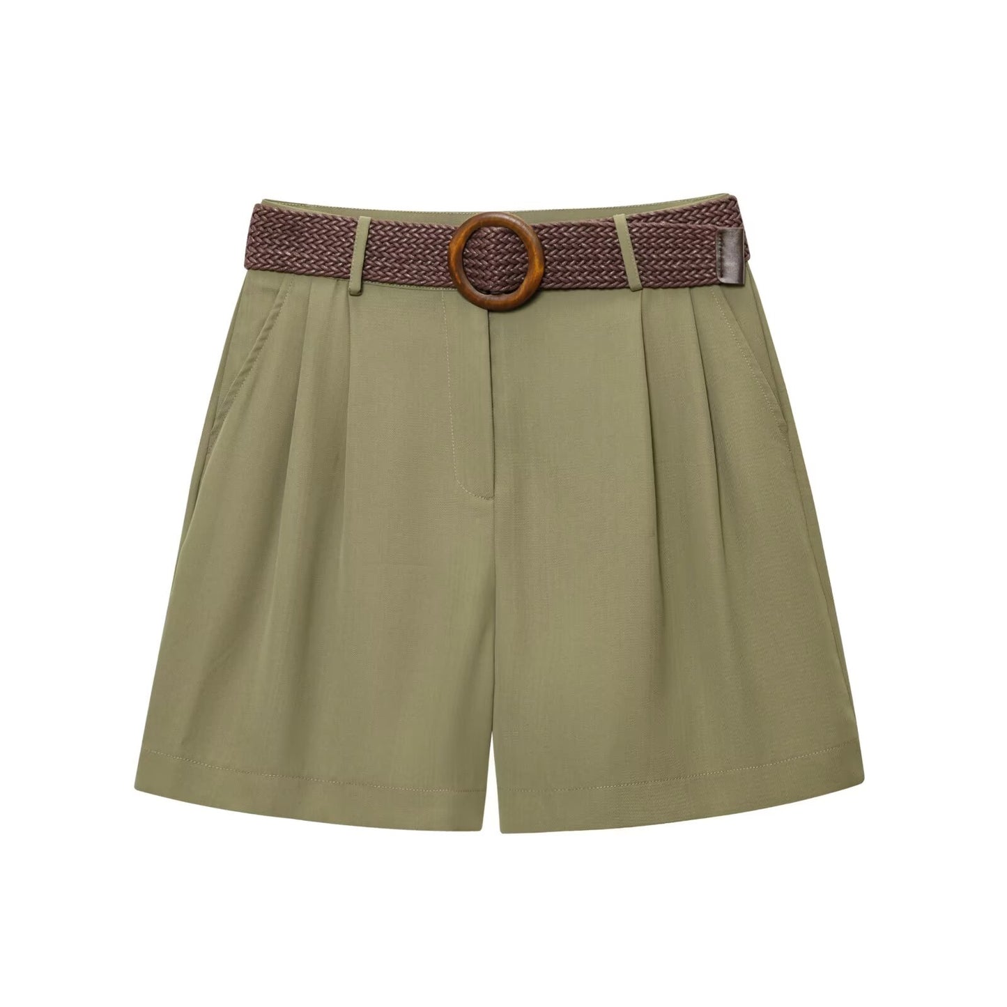 Women's chic Fashion With Belt casual side pocket pleated shorts