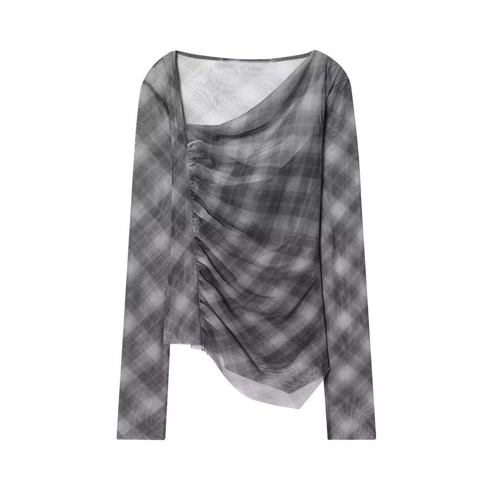 Women's new fashion pleated design slim plaid tulle T-shirt