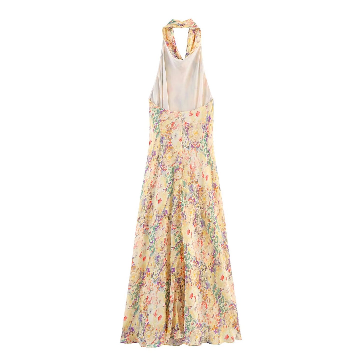 Women's new fashion flower print sleeveless hanging neck Midi Dress
