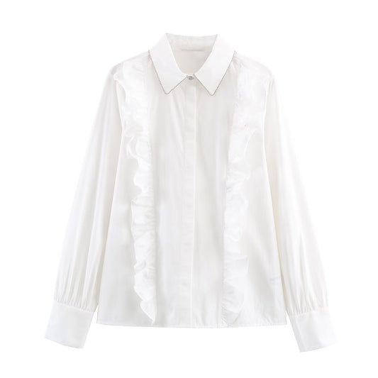 Women's Lapel beaded Decorative poplin shirt