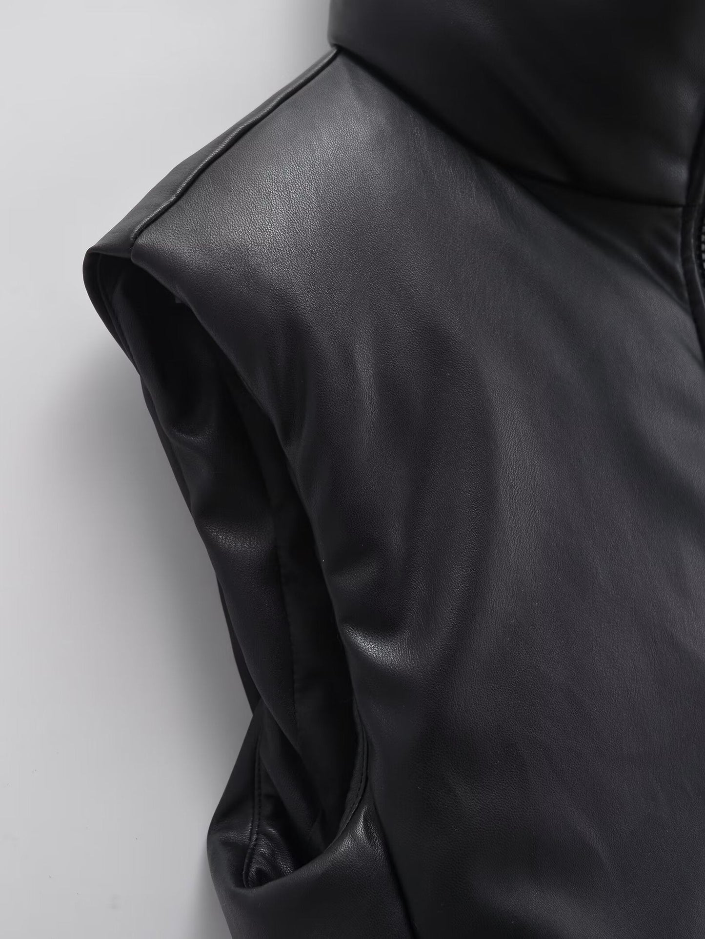 Women's short standing collar Faux Leather cotton vest