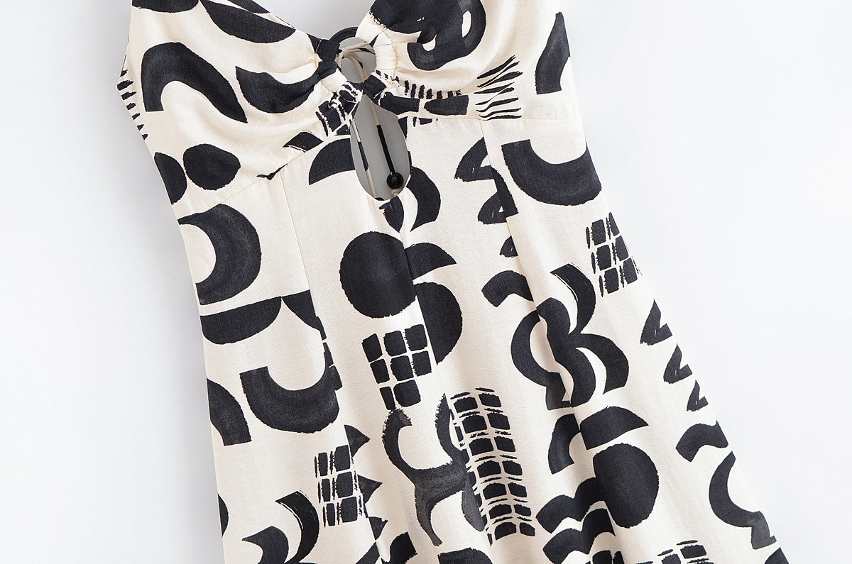 Women's Summer Fashion Hollow out Design Printed suspender Midi Dress