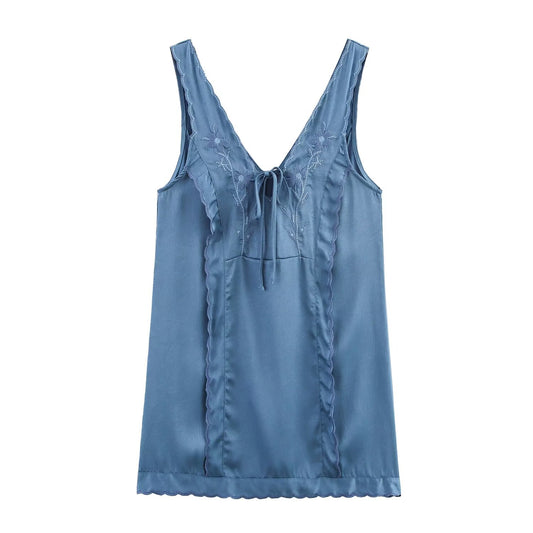 Women's new fashion sleeveless double V-neck floral embroidery mini dress